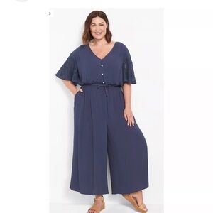 Lane Bryant Jumpsuit Crepe Wide Leg Button Front Lace Sleeve Sz 14